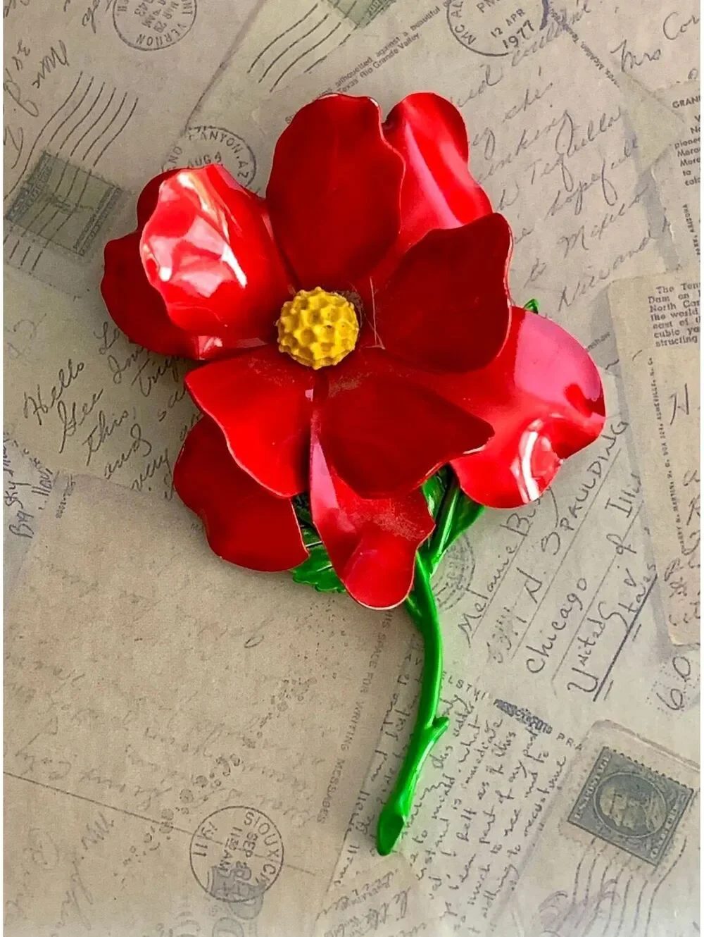 Vintage Enamel Bright Red Flower Brooch Pin with Glossy Finish and Yellow Center